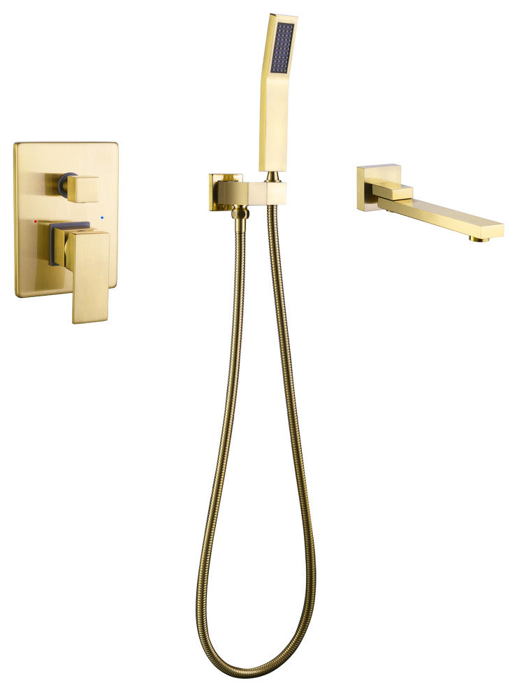 Wall Mounted Double Handle Roman Tub Faucet with Hand Shower, Brushed Gold