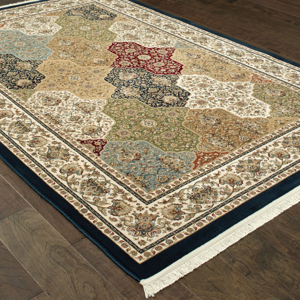 Mackenzie Panel Medallions Navy/ Multi Fringed Area Rug, 6'7"X9'6"