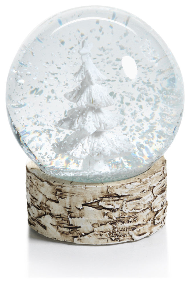 4" Tall Large Snow Globe on Birch, Tree Sculpture, White and Beige, Set of 2