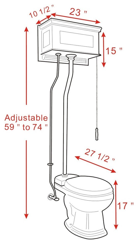 High Tank Toilets White Raised Panel Cherry Finish Elongated Z-Pipe, White, Brass, Light Oak