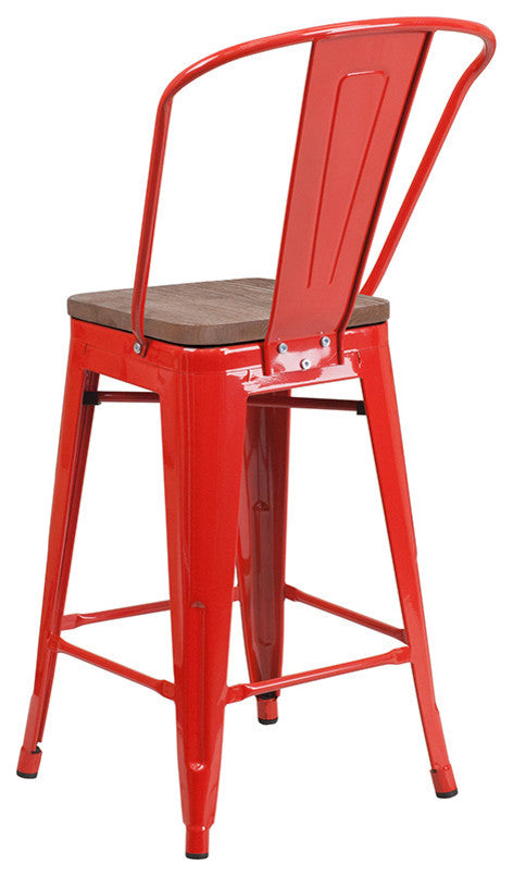 24" High Red Metal Counter Height Stool With Back and Wood Seat
