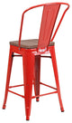 24" High Red Metal Counter Height Stool With Back and Wood Seat