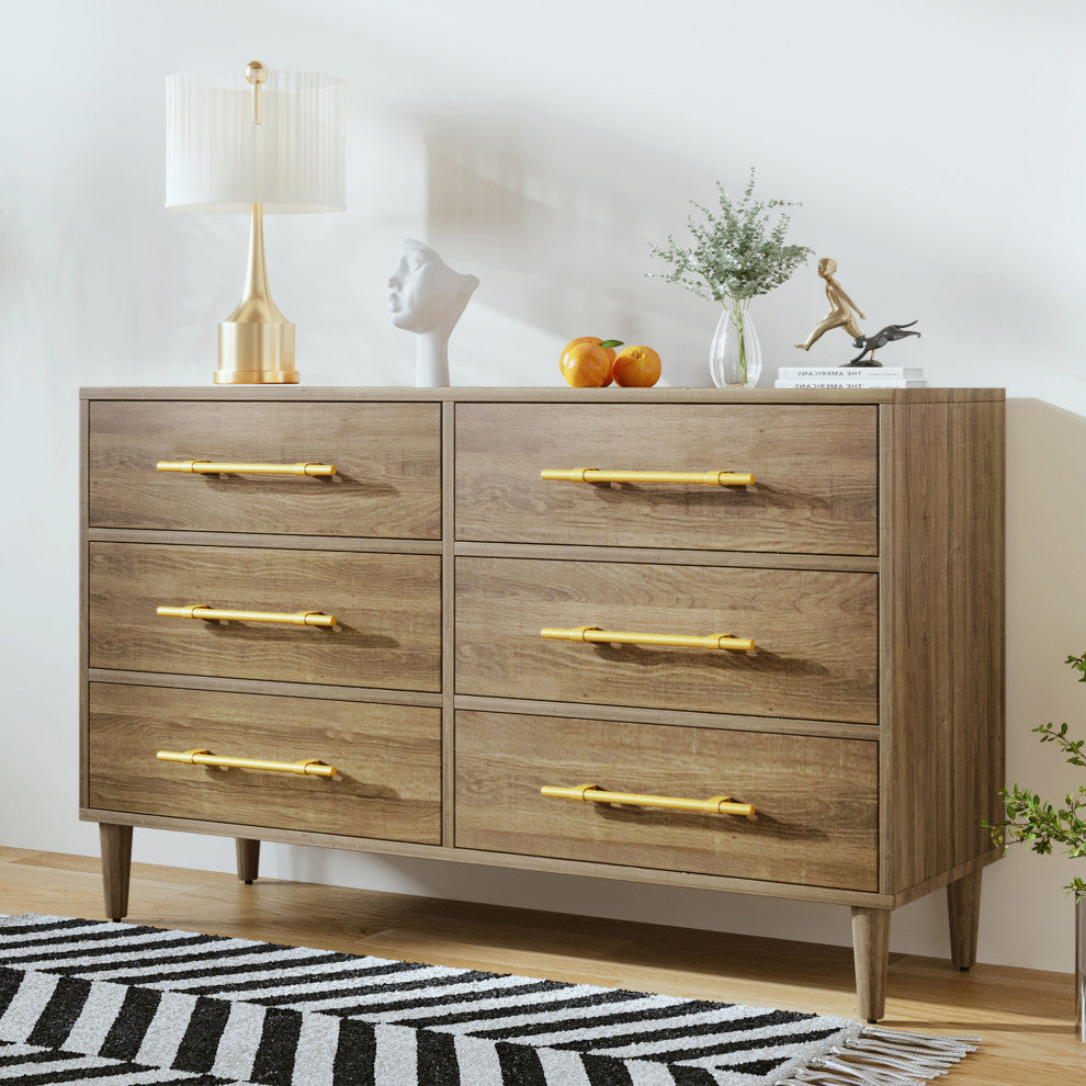 6 Drawers 56" W Wood Double Dresser, Natural Walnut