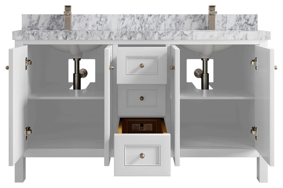 Nashville 60" Double Bathroom Vanity, White 2" Carrara Marble