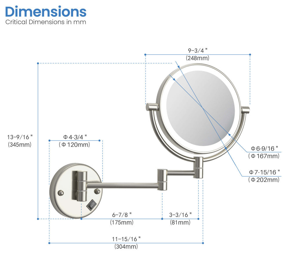 Circular LED Wall Mount Magnifying Make Up Mirror, Brushed Nickel