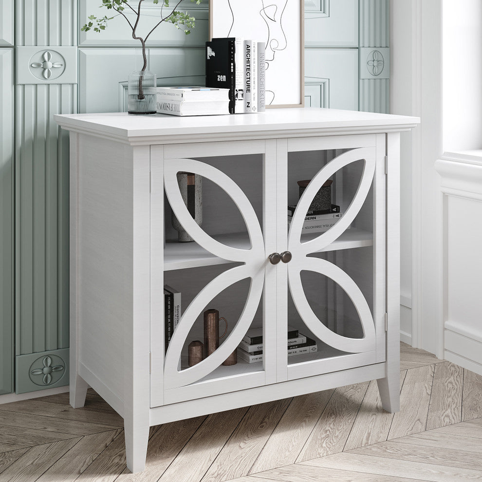 Wood Double Transparent Door Accent Cabinet with Adjustable Shelf, White, 32" X