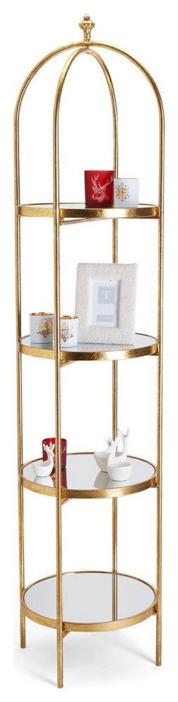Two's Company Golden Etagere With 4 Mirror Glass Shelves and Decorative Finial