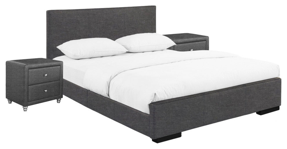 Grey Upholstered Platform King Bed With Two Nightstands