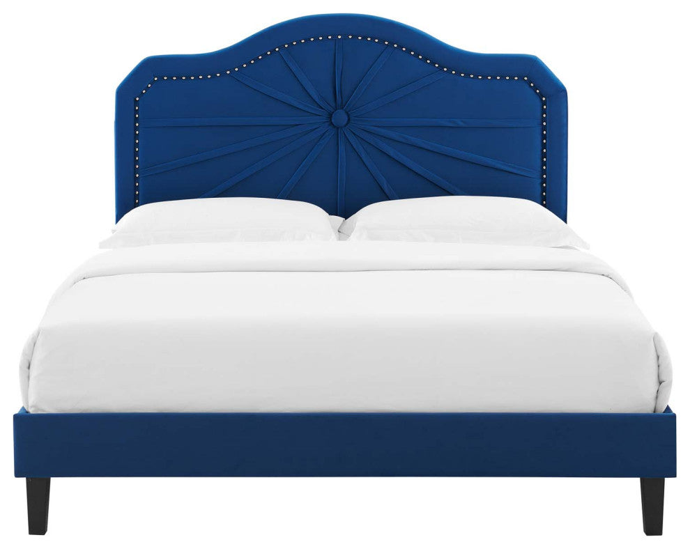 Platform Bed Frame, King Size, Velvet, Blue Navy, Modern Contemporary, Bedroom