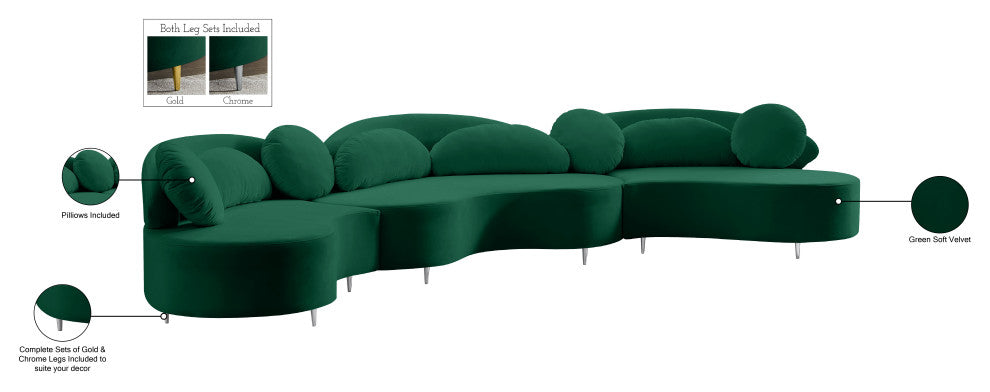 Vivacious Velvet Upholstered 3-Piece Sectional, Green