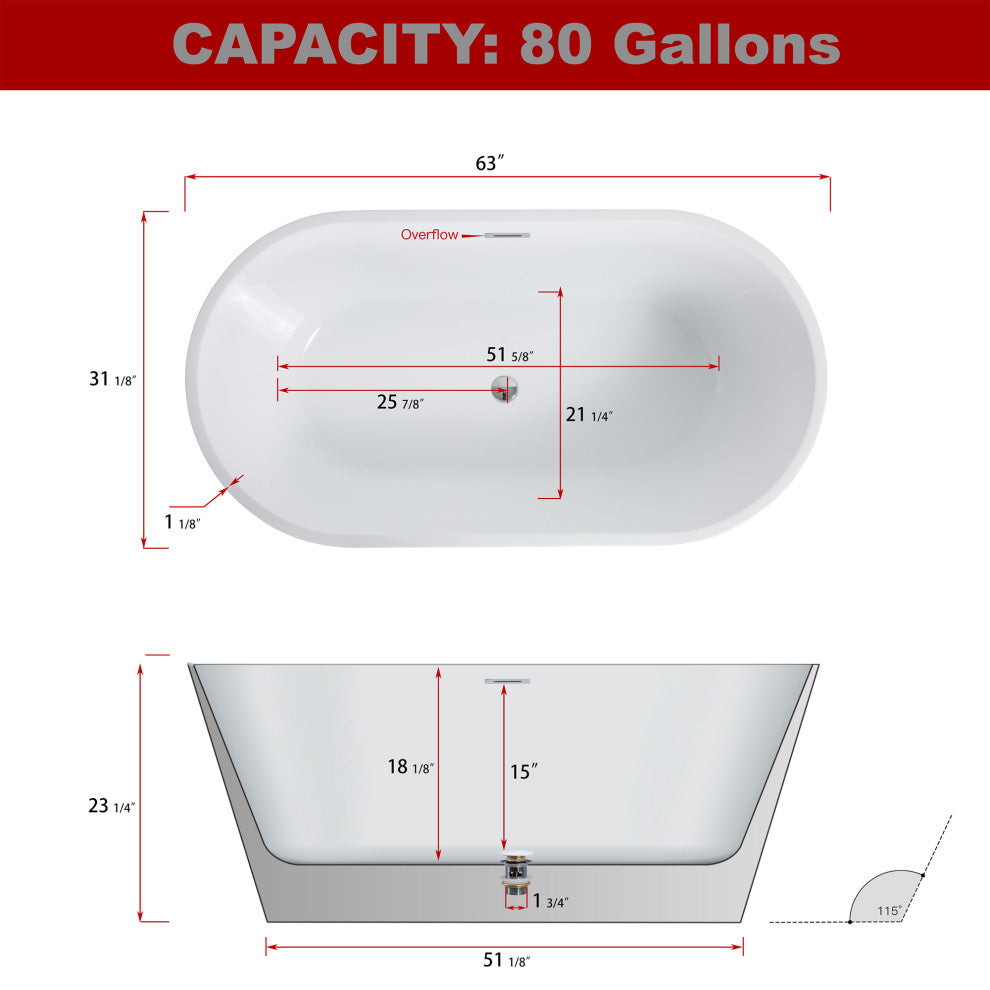 Acrylic Freestanding Soaking Bathtub, White, 63"