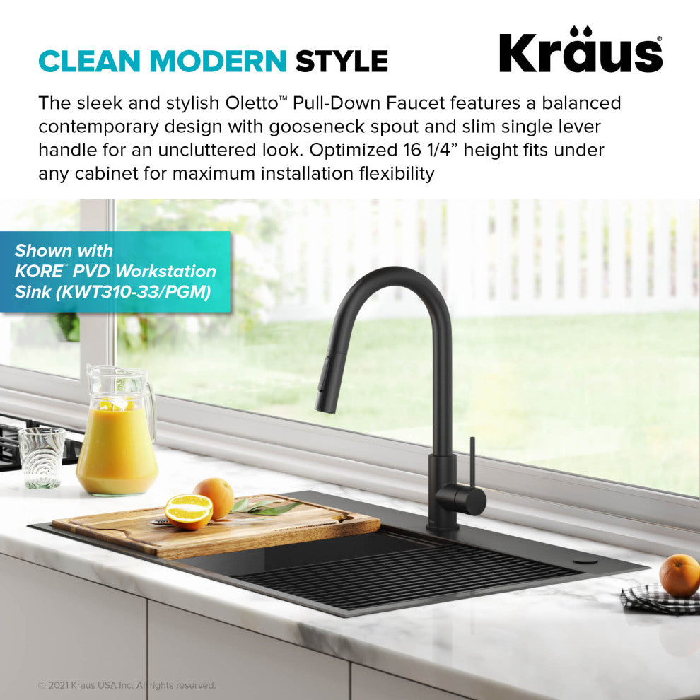 Oletto Pull-Down 1-Hole Kitchen Faucet, Matte Black, Model Kpf-3104mb