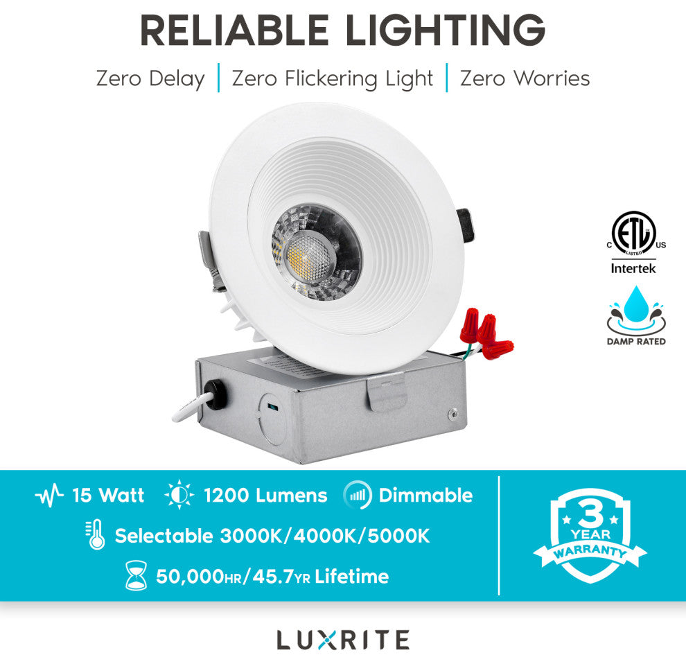 Luxrite 4" LED Recessed Light J-Box 15W 3 Color Options Dimmable 4 Pack