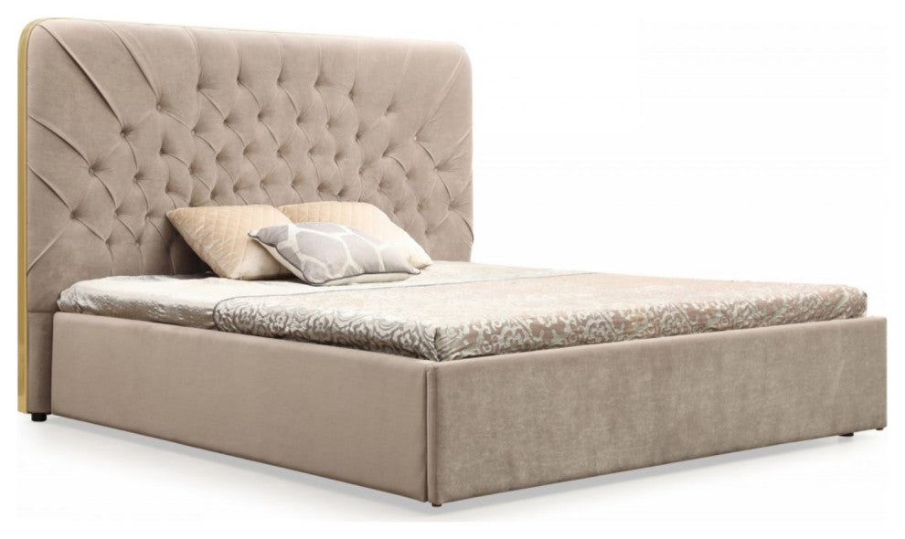 Modrest Moontide Glam Beige Velvet and Brushed Brass Bed, Eastern King