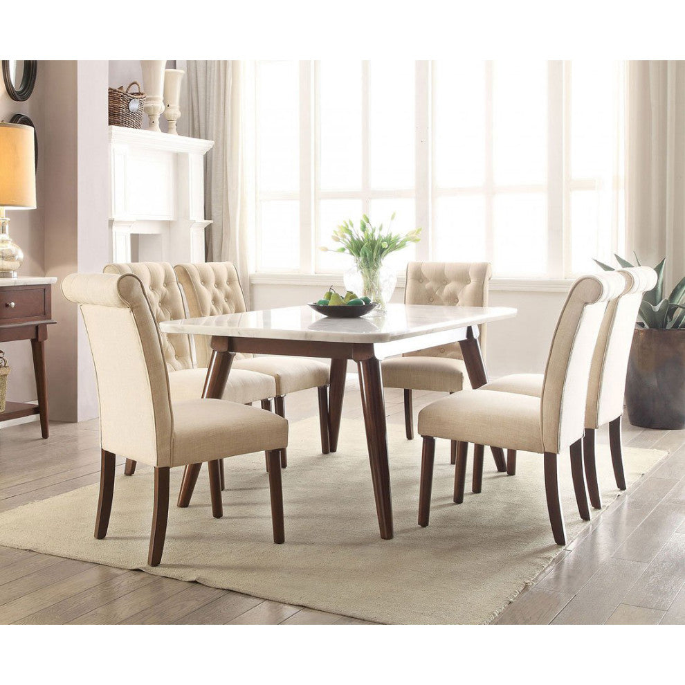 Set of 2 Beige Linen Upholstered Side Chair, Walnut Finish