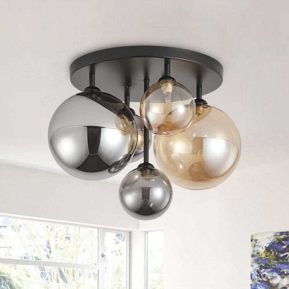 Grey and Brown 5-Light Semi Flush Mount Ceiling Light with Globe Glass Shades