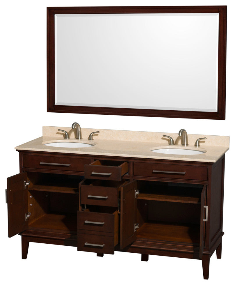 Hatton 60" Dark Chestnut Double Vanity, Ivory Marble Top, Um Rd Sinks, 56"