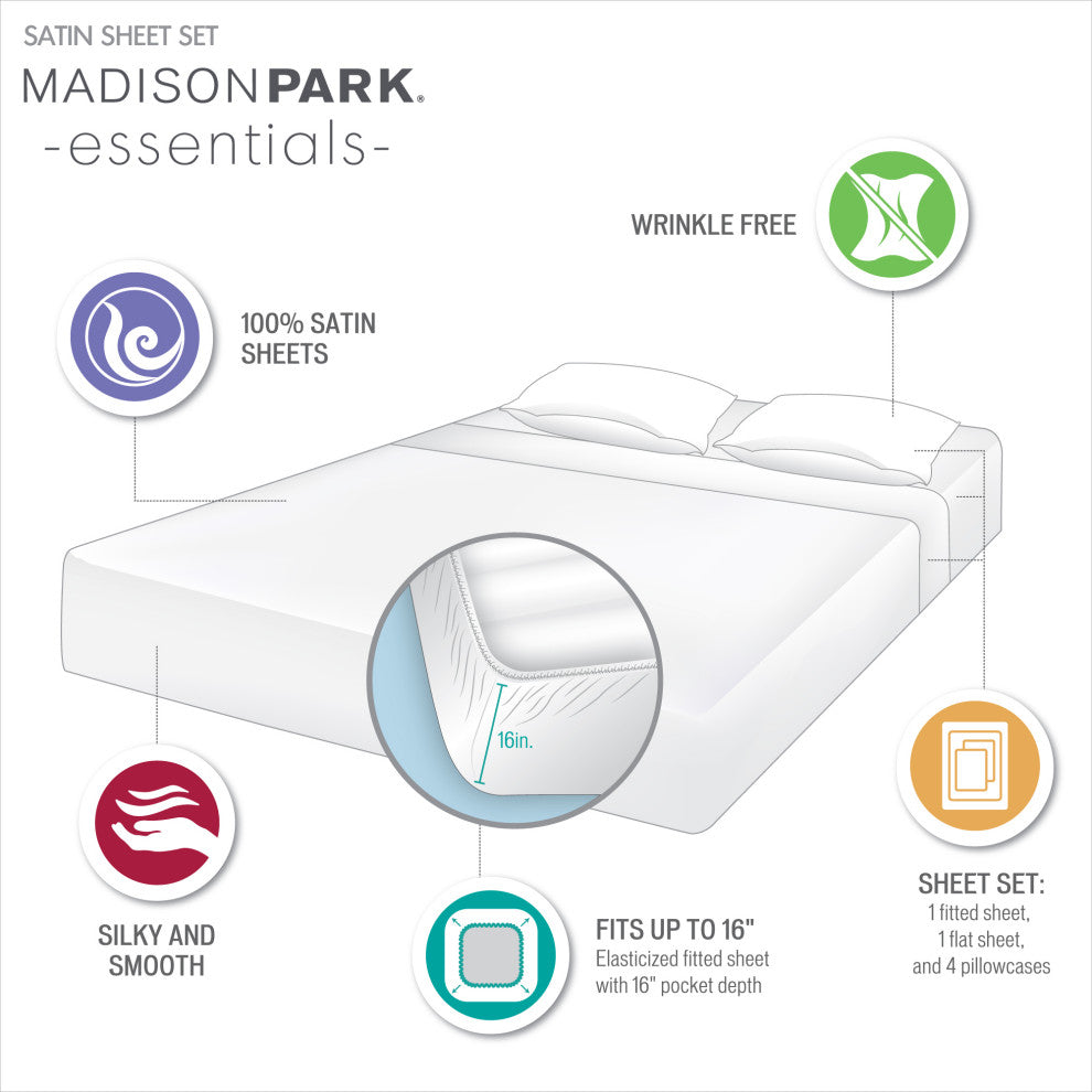 Madison Park Essentials Satin Luxury 6 PC Sheet Set, Grey
