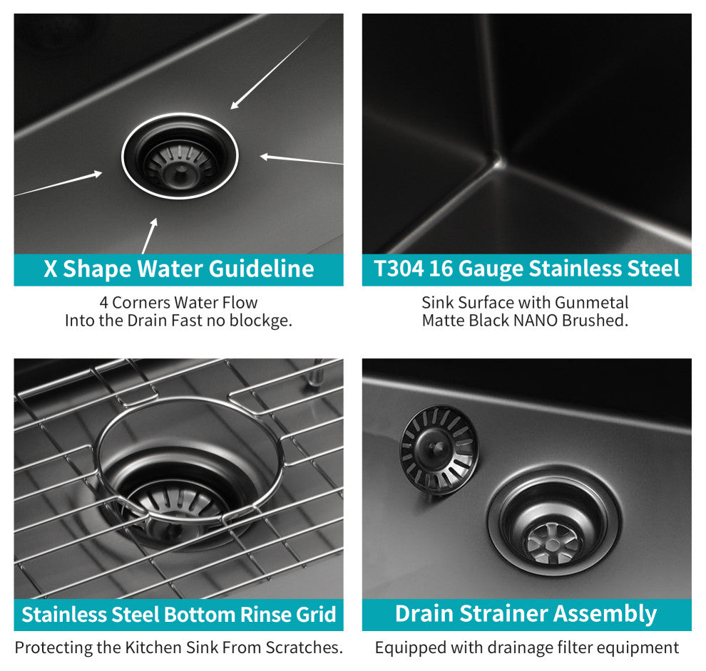 Black Stainless Steel Single Bowl Drop-In Kitchen Sink with Drain Assembly, Gunmetal Black, 30'' X 22''
