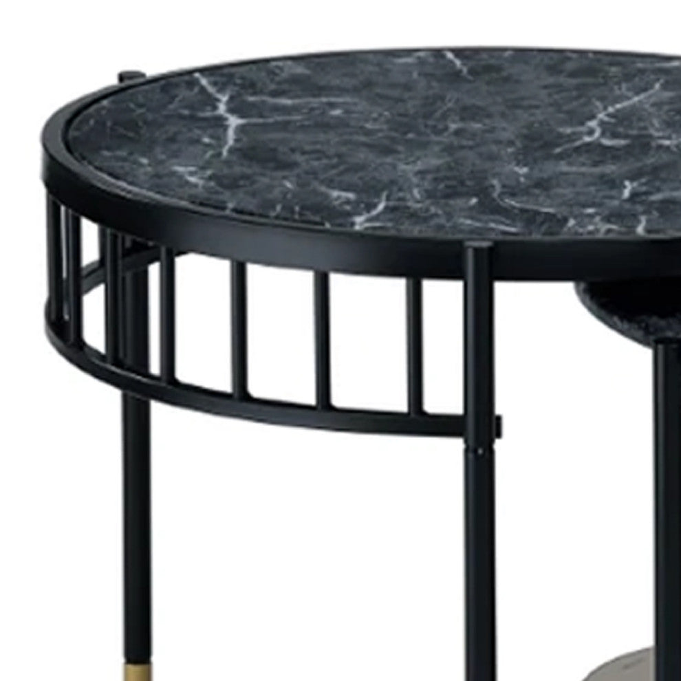 Benzara BM275495 2 Piece Nesting Coffee Table, Marble Top, Glass Shelf, Black