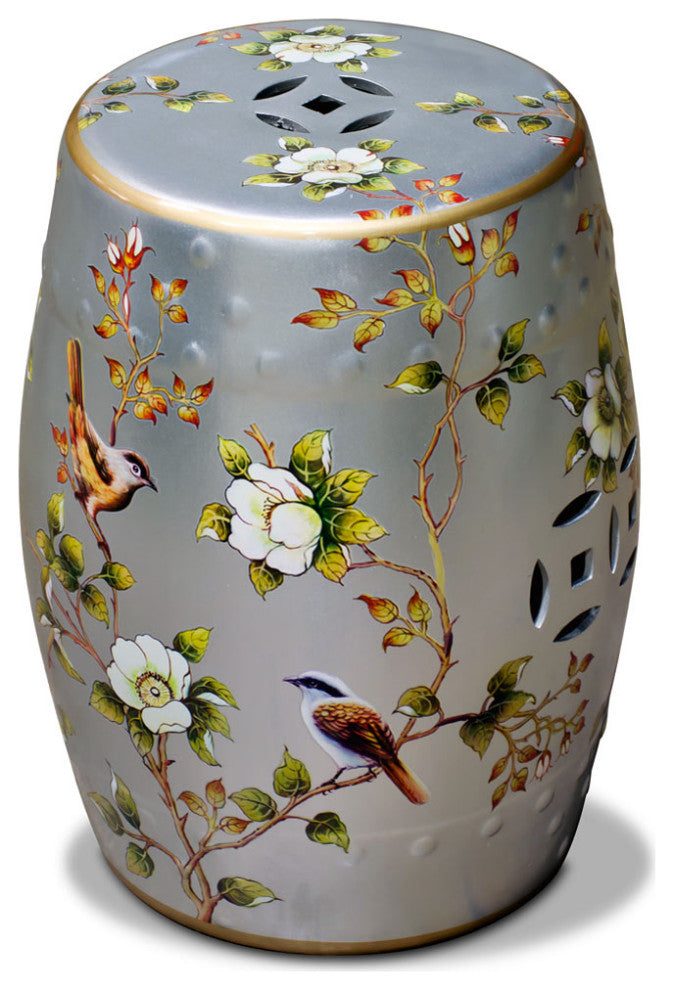 Silver Famille Jaune Peony and Bird Motif Asian Garden Stool