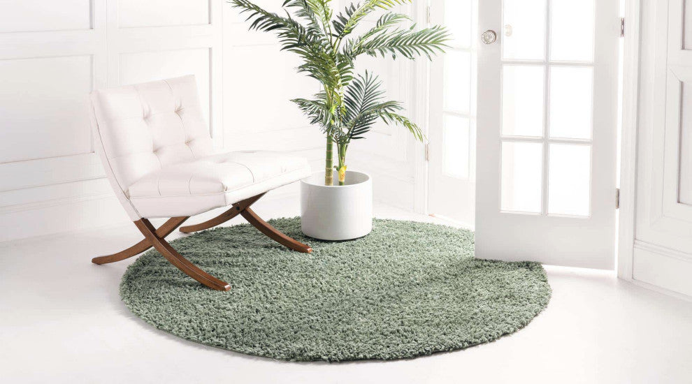 Unique Loom Ivory Davos Shag Area Rug, Sage, 3'3x3'3, Round