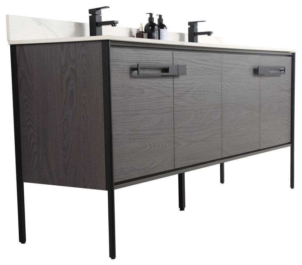 Oakville Bath Vanity, Ceramic Sink, Black Coal Oak, 72 Inch, Black Hardware