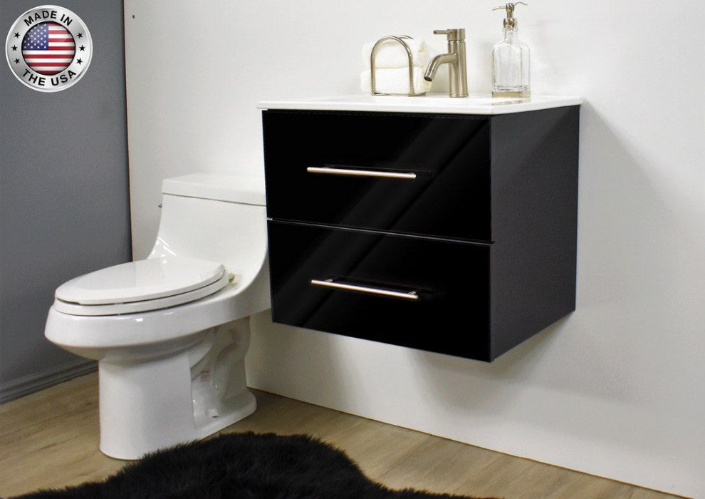 Napa 30" Modern Floating Bathroom Vanity With Ceramic Top and Round Handles, Glossy Black