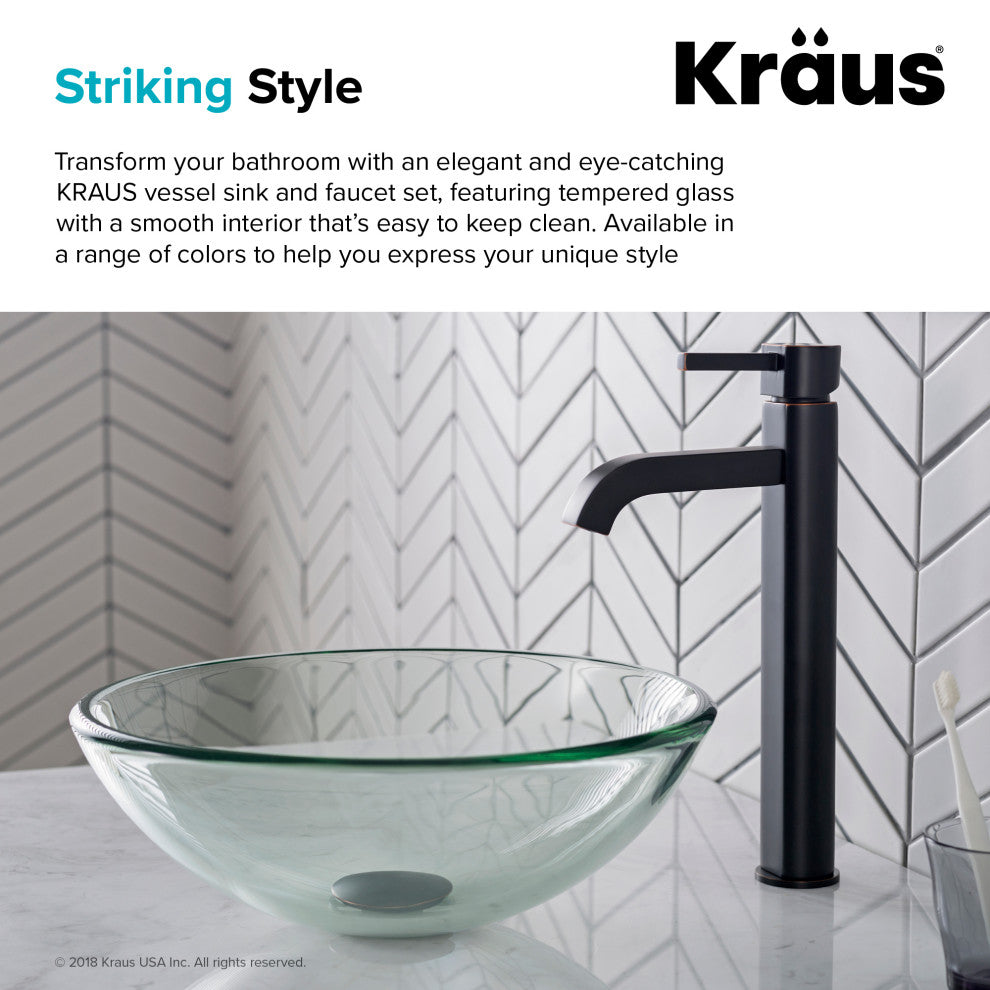 Glass Vessel Sink, Bathroom Ramus Faucet, Drain, Mounting Ring, Oil Rub Bronze