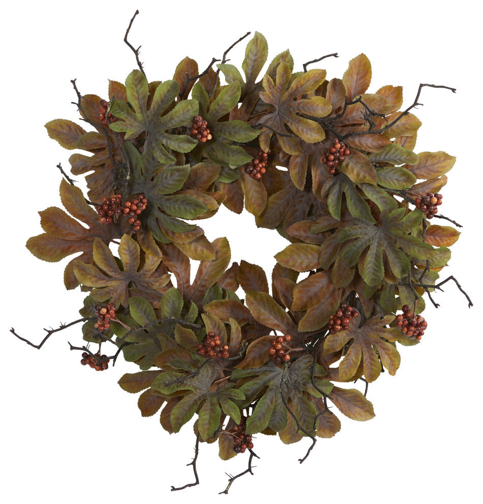 Nearly Natural 24ï¿½ Fatsia with Berries Autumn Artificial Wreath