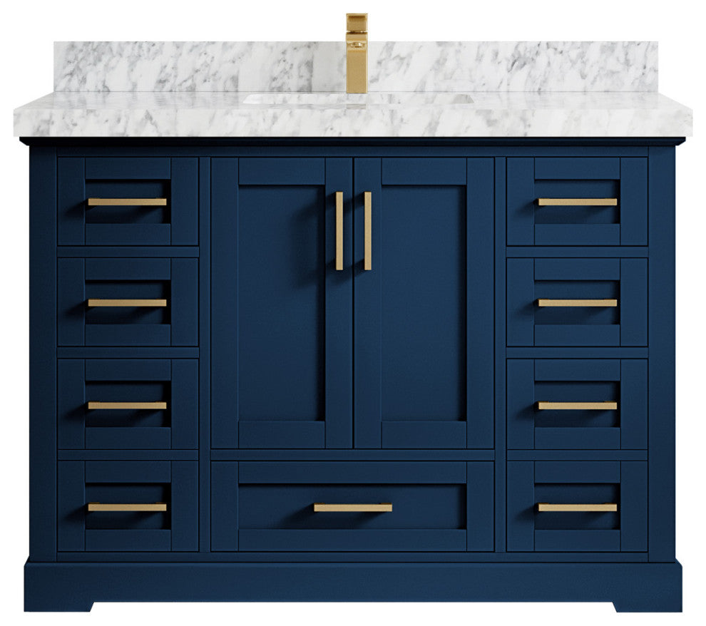 Boston 48 Single Sink Bath Vanity in Navy Blue 2" Carrara Marble