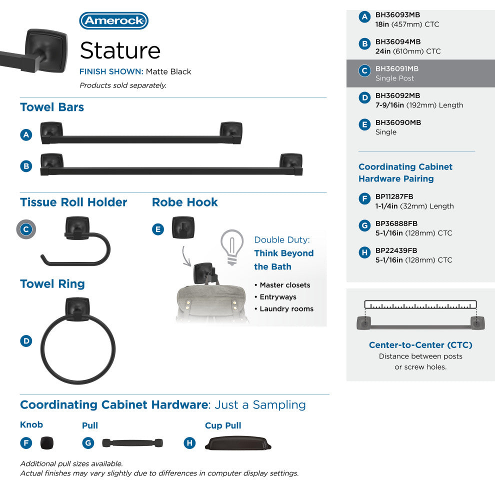 Amerock Stature Transitional Single Post Toilet Paper Holder, Matte Black