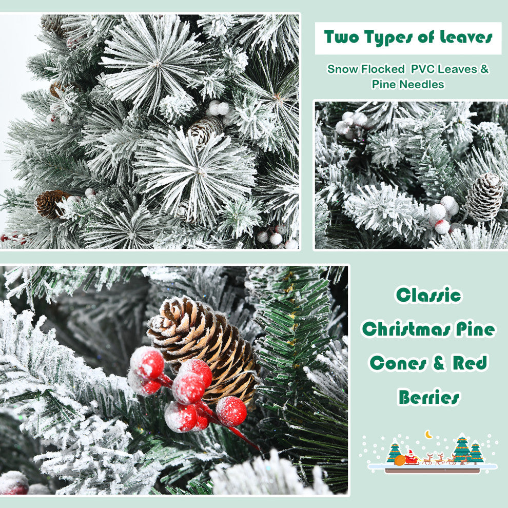 Costway 8ft Snow Flocked Christmas Tree Glitter Tips w/ Pine Cone & Red Berries