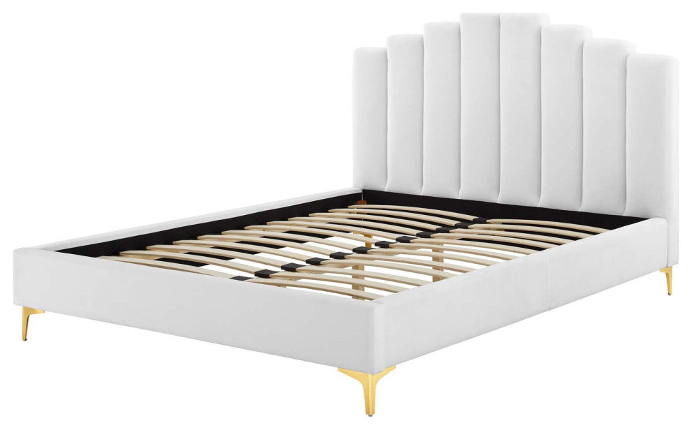 Platform Bed Frame, Queen Size, Velvet, White, Modern Contemporary, Bedroom