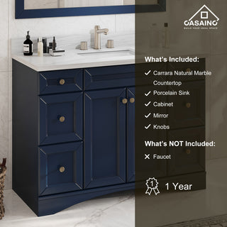 Solid Wood Bath Vanity in Navyblue with White Natural Marble Top and Mirror, 48in