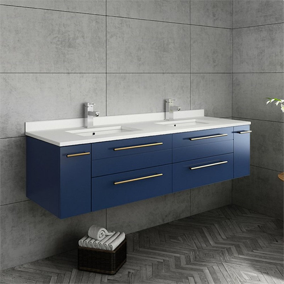 Lucera 60" Modern Royal Blue Wall Hung Cabinet, Top and Double Undermount Sink