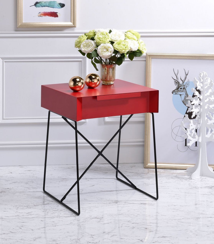 Red Modern Metal End Table With Drawer