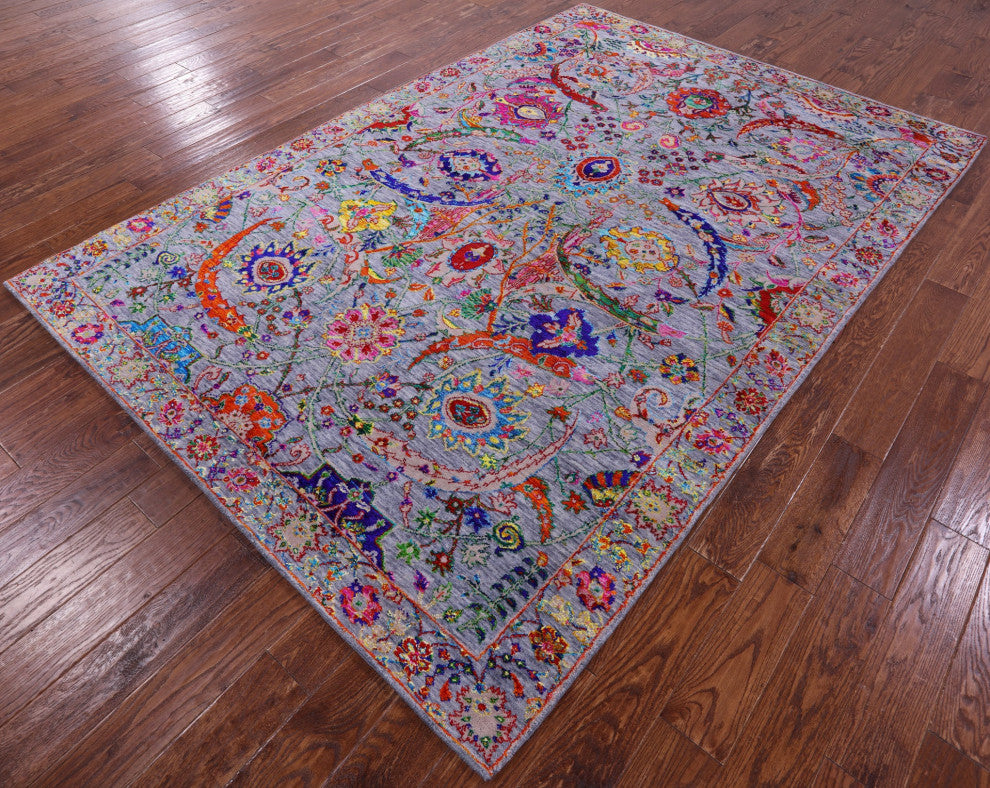 6' 3" X 9' 3" Sickle Leaf Design Persian Handmade Wool & Silk Rug - Q15566