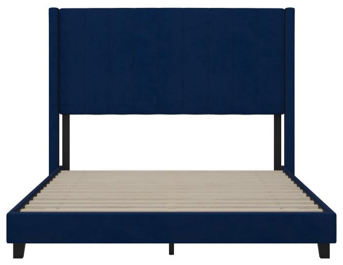 Bianca Upholstered Platform Bed w/Vertical Stitched Wingback Headboard, Navy Velvet, Queen
