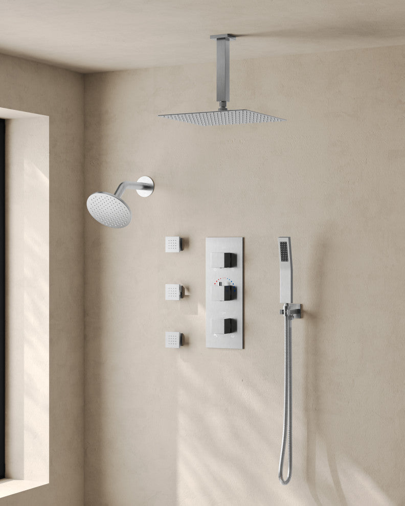 Thermostatic Dual Heads 12" Rainfall Shower System With 3 Body Jets, Brushed Nickel