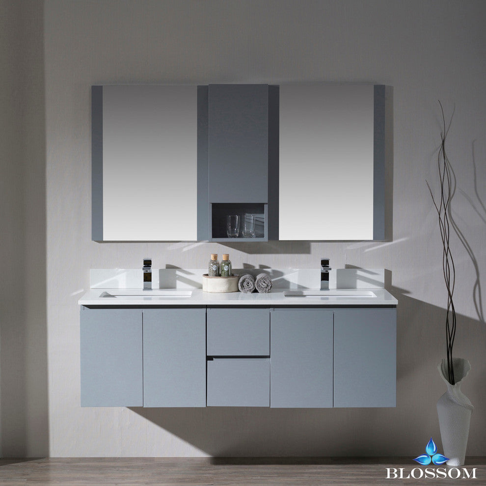 Monaco 60" Double Wall Mount Vanity Set With Mirror and Wall Cabinet