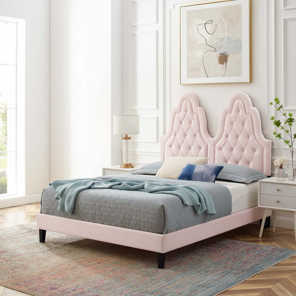 Tufted Platform Bed Frame, Twin Size, Velvet, Pink, Modern Contemporary, Bedroom