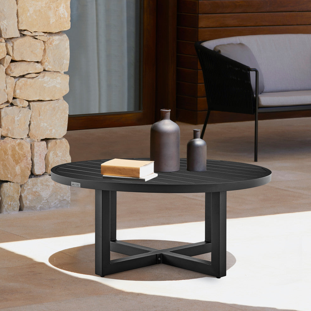 Argiope Outdoor Patio Round Coffee Table, Black Aluminum, Black