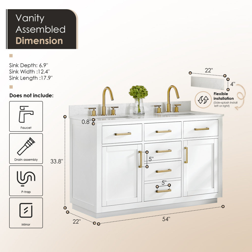 Gavino Vanity With Grain White Composite Stone Top, White/Brushed Gold, 54", No Mirror