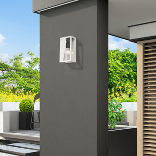 Forsyth 1-Light Brushed Nickel Outdoor Medium ADA Wall Lantern, Black Accents