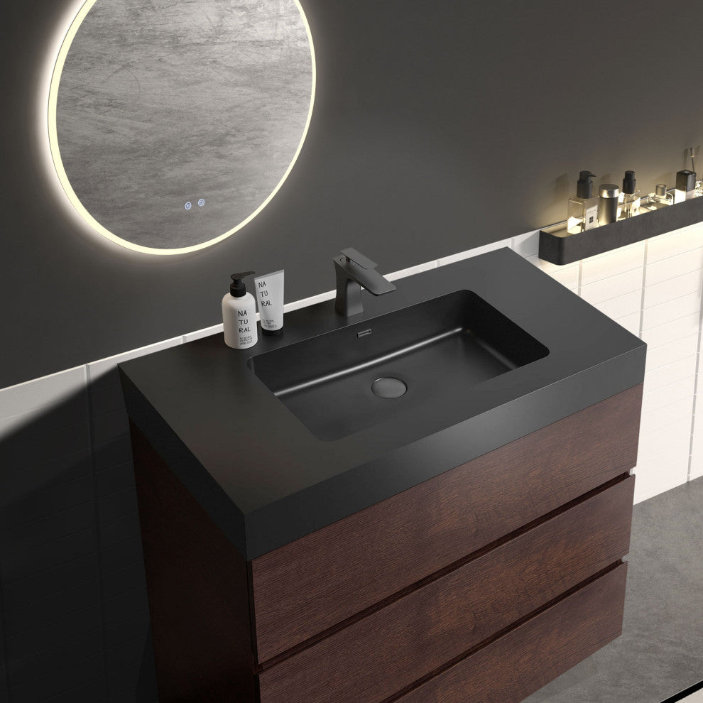 Modern Freestanding Single Vanity, Integrated Sink, Walnut, 36