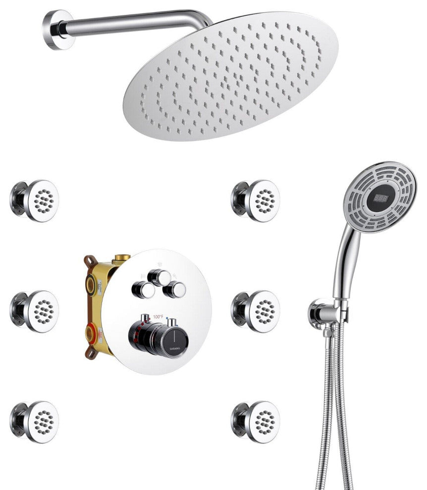 12" Luxury Shower System Set with Handheld Spray & 6 Body Jets, Chrome
