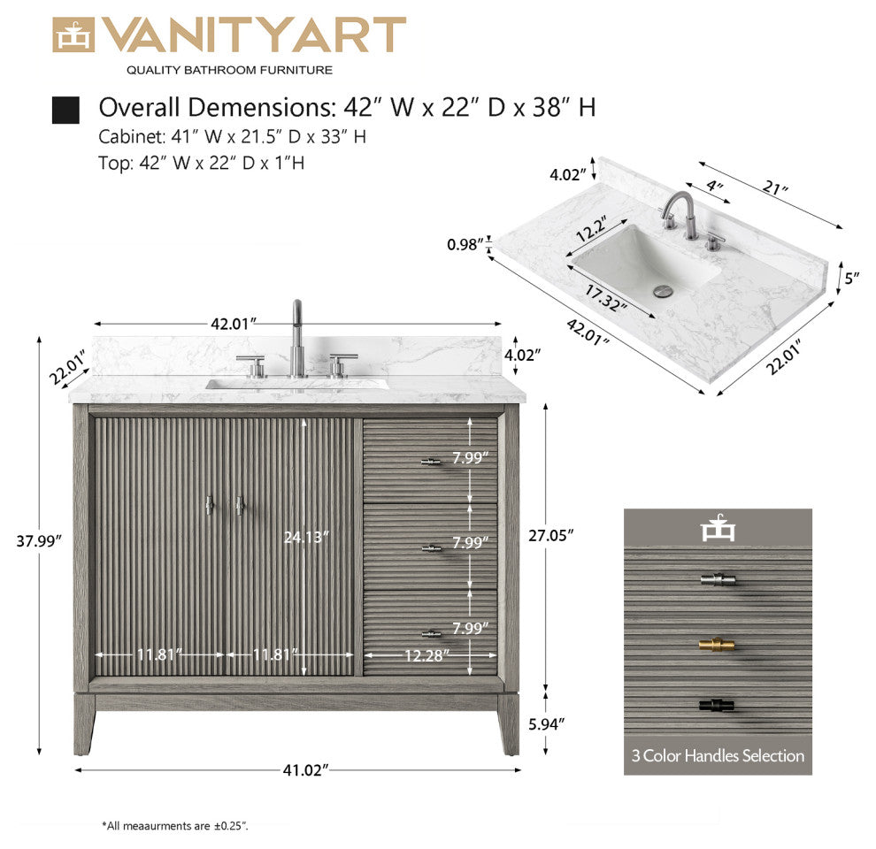 Vanity Art Bathroom Vanity with Engineered Marble Top and Sink, Driftwood Gray, 42", Matte Black