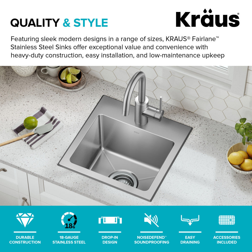 KRAUS Fairlane 15" Drop, / Top Mount 1-Bowl Stainless Steel Kitchen Sink