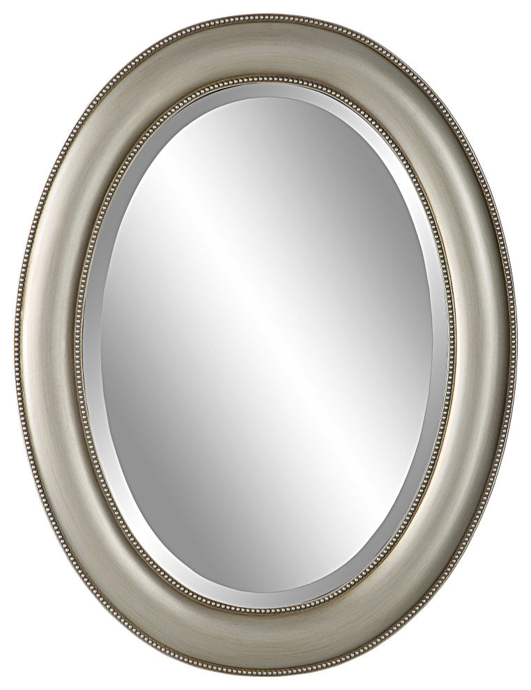 Benzara BM276687 29" Wood Wall Mirror, Beaded Oval Shape, Metallic Silver
